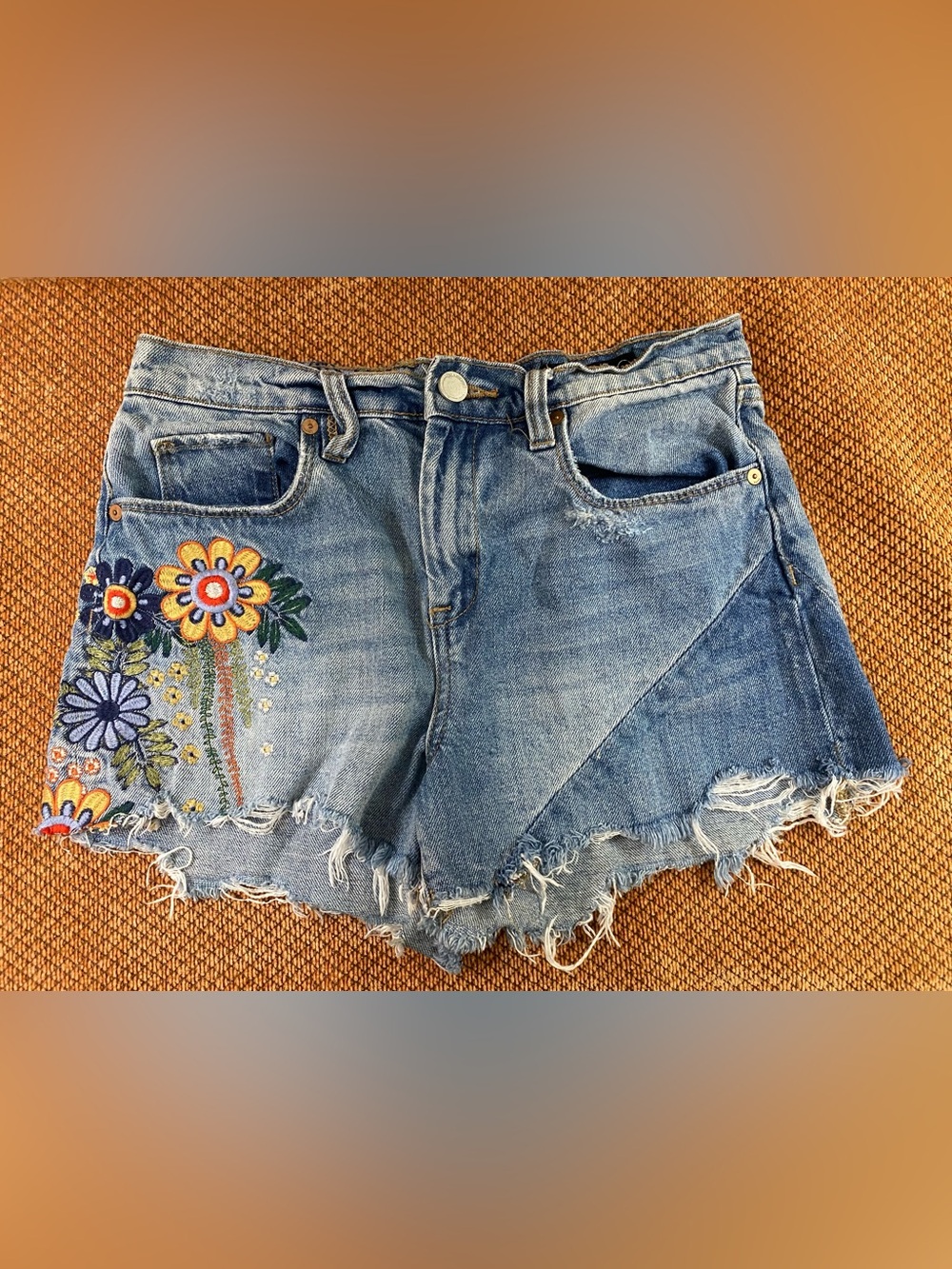 Blank NYC Embroidered Blue Denim Jean Shorts with Floral Detail